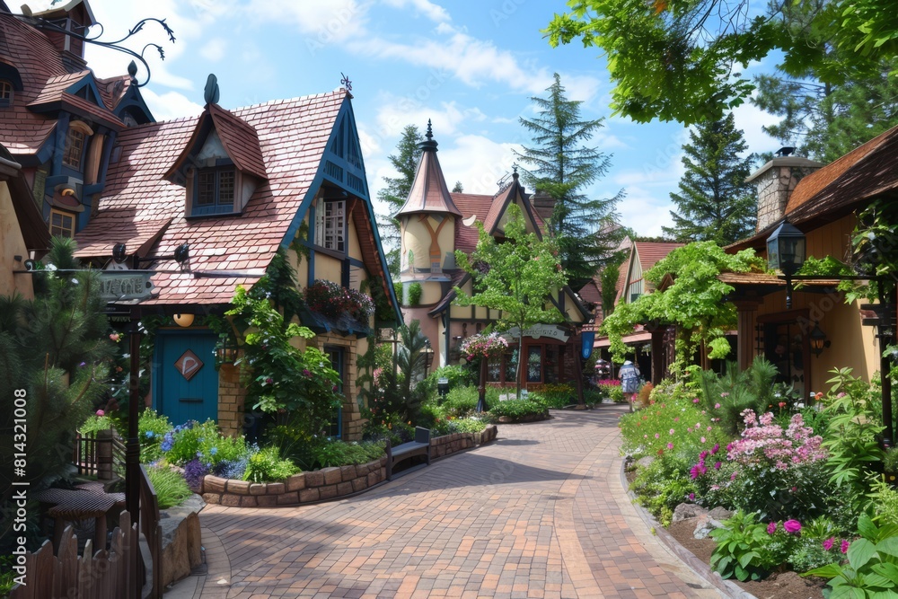 A whimsical fairy tale village nestled within the theme park, with charming cottages, cobblestone streets, and friendly inhabitants, Generative AI