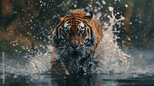 Siberian tiger  Panthera tigris altaica  low angle photo direct face view  running in the water directly at camera with water splashing around. Attacking predator in action. Tiger in taiga environment