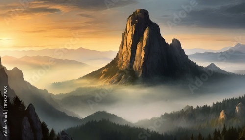Majestic mountain with a foggy mist surrounding it. At sunrise