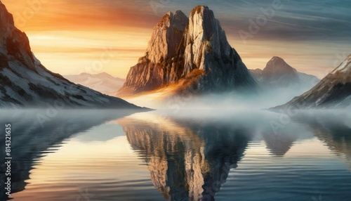 Majestic mountain at sunrise, casting a golden reflection on the calm lake