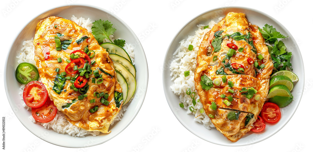 omelet on top rice in a dish isolated on transparent background omelet on top rice in a dish isolated on transparent background