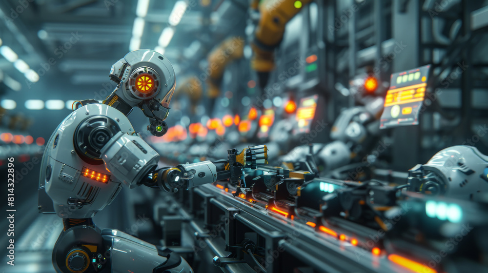 Close-up view of an industrial robot arm meticulously assembling components in a futuristic factory. Close-up view of an industrial robot arm meticulously assembling components in a futuristic factory.