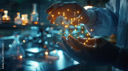 A closeup of a biotech engineer manipulating molecular structures in 3D