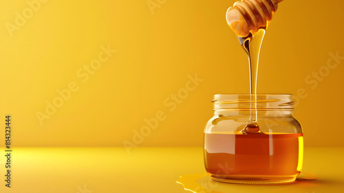 Honey drips from a wooden dipper over yellow background