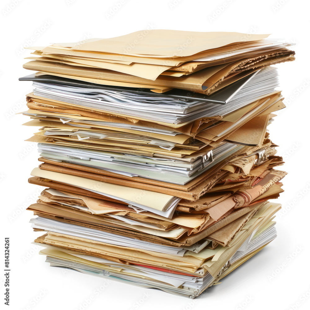 Many files are placed on top of each other on white background Many files are placed on top of each other on white background