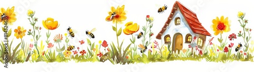 A cute watercolor of bees buzzing around a hive shaped like a quaint cottage photo