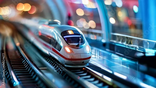Model train on track with blurred urban background photo