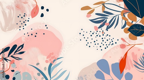 Minimalist style soft color floral background with light pink color block and blue leaves pattern. Design for fashion fabrics, postcards, wallpaper, banner, events, covers, advertising.