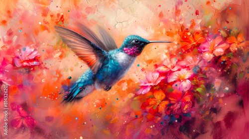 The enchanting hummingbird  adorned with delicate jewels  hovers amidst tropical blooms.
