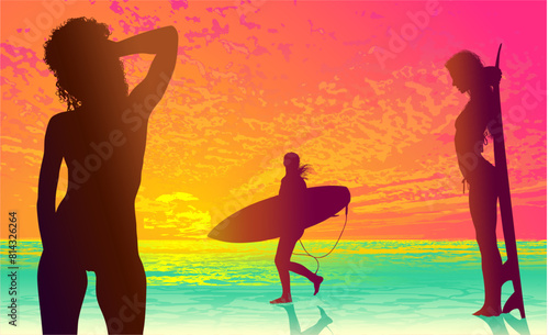 surfistas, contraluz, vector, tabla, surf, mar, atardecer, mujer surfista, silueta, tablista, ilustracion, arte surf, rosa, surfista en la playa, chica surf, mujer