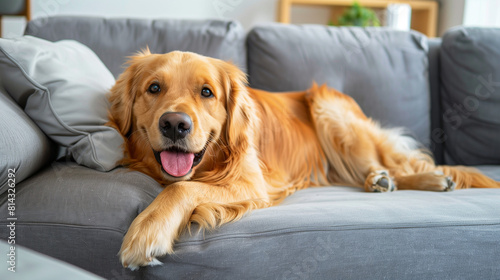 "Cheerful golden retriever chilling on a comfy couch in a contemporary living space" "Joyful golden retriever lounging on a comfy couch in a contemporary living space"