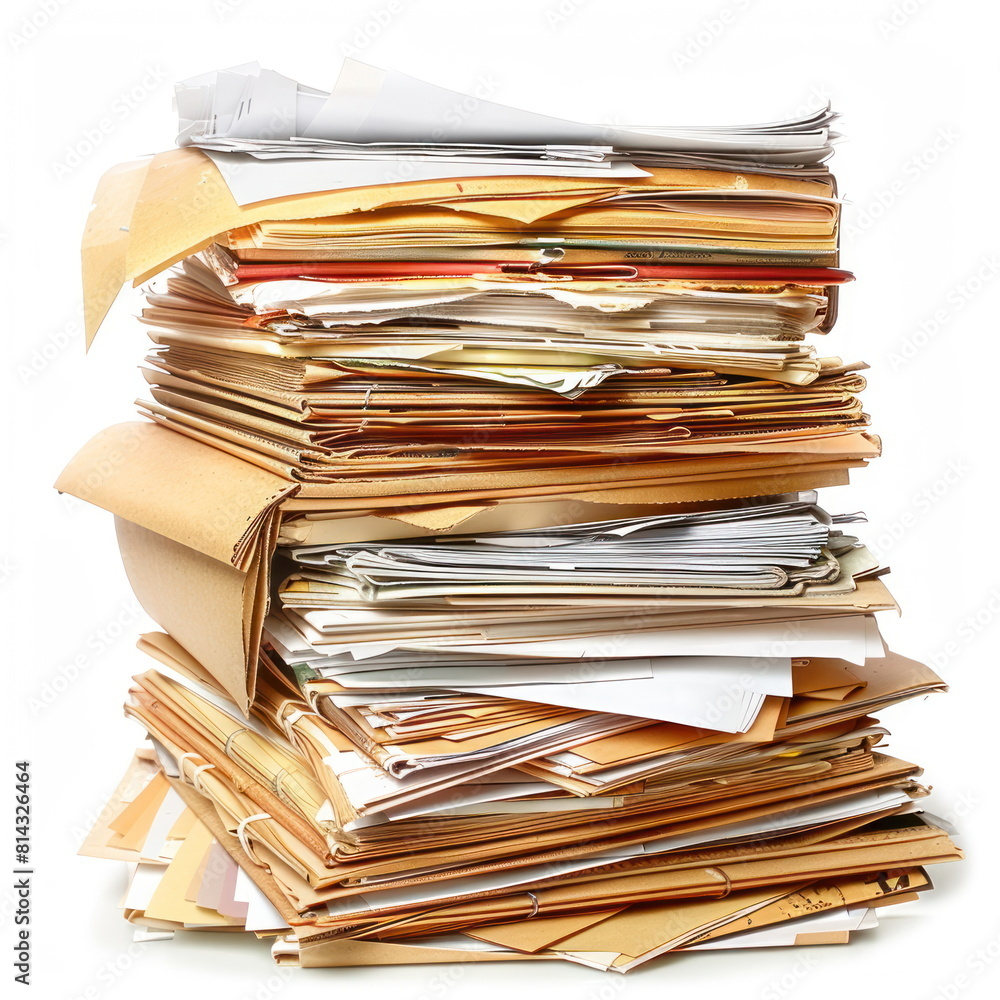 Many files are placed on top of each other on white background Many files are placed on top of each other on white background