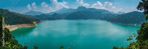 Mountain and reservoir in thailand realistic nature and landscape photo