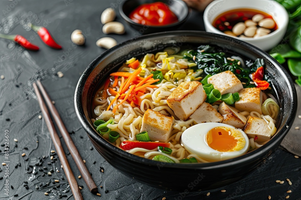 Asian noodle soup ramen with chicken tofu vegetables and egg in black bowl. Slate background. Top view Asian noodle soup ramen with chicken tofu vegetables and egg in black bowl. Slate background. Top view
