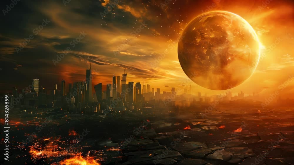 Apocalyptic cityscape with large planet looming over fiery ruins under dramatic sky Apocalyptic cityscape with large planet looming over fiery ruins under dramatic sky