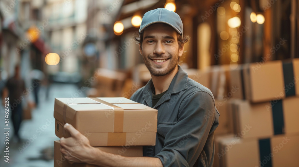 Happy delivery man in a cap smiling while carrying cardboard parcels on a busy urban street. Happy delivery man in a cap smiling while carrying cardboard parcels on a busy urban street.