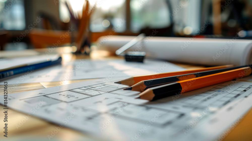 Close-up view of architectural blueprints with pencils and tools on a work desk, highlighting detailed planning. Close-up view of architectural blueprints with pencils and tools on a work desk, highlighting detailed planning.
