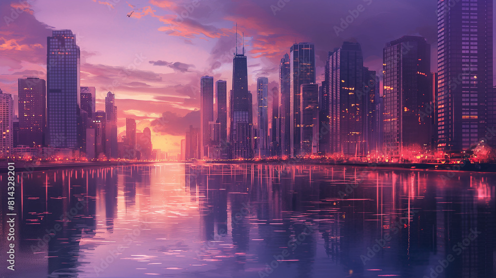 a realistic cityscape at dusk, featuring towering skyscrapers, bustling streets, and glowing city lights reflecting on a calm river