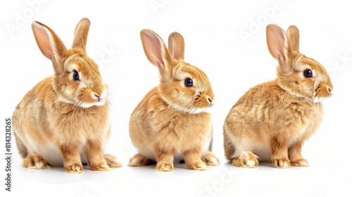 "Set of three brown rabbits (close-up, seated, side view), animal bundle isolated with transparent background, against a blank white backdrop"