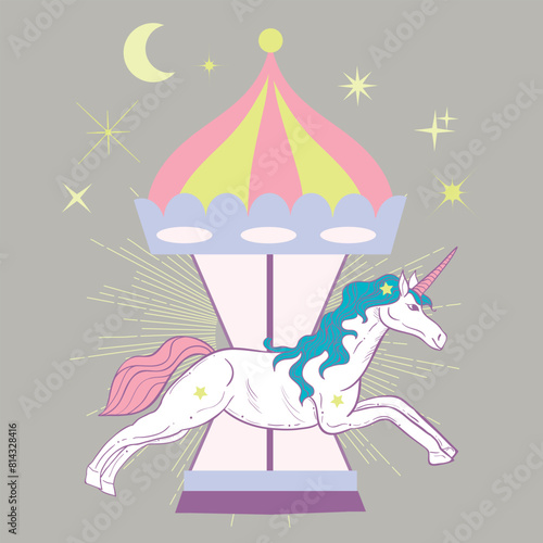 Childish vector illustarion of a carousel unicorn. Retro cute background at pastel colors. © mila_okie
