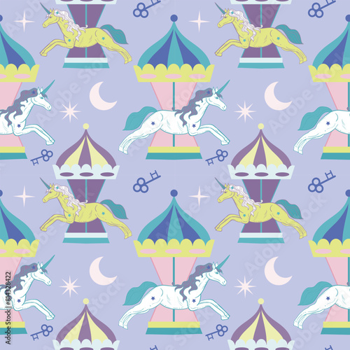 Childish vector seamless pattern of a carousel unicorn. Retro cute background at pastel colors. © mila_okie
