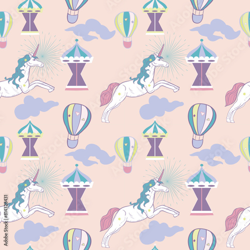 Childish vector seamless pattern of a carousel unicorn with baloons. © mila_okie