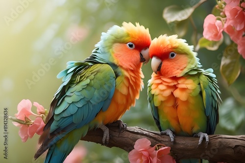 A pair of lovebirds cuddled together on a tree branch, their feathers ruffled by a gentle breeze.