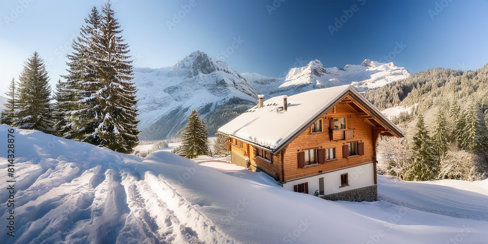 Typical wooden Swiss house in the alps mountain range.