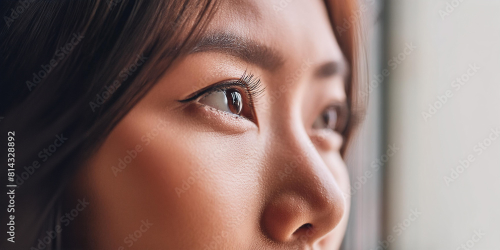 Concerned or worried young Asian woman, looking out of the window. Close up on eyes. Concerned or worried young Asian woman, looking out of the window. Close up on eyes.