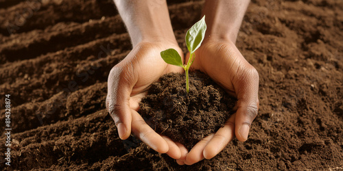 Man's cupped hands holding a tree sapling in soil. Caring for and planting new life. photo