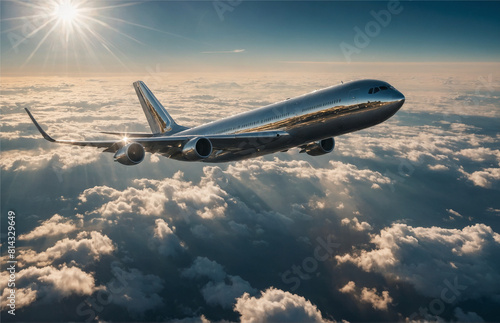 A majestic airplane soaring through the clouds  its metallic wings glinting in the sunlight  Generative AI