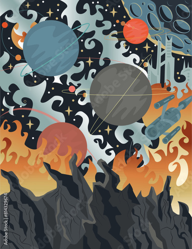 Colorful Retro Sci Fi illustration with space landscape, alien planets and extraterrestrial surfaces, coloring page and cartoon game concept background