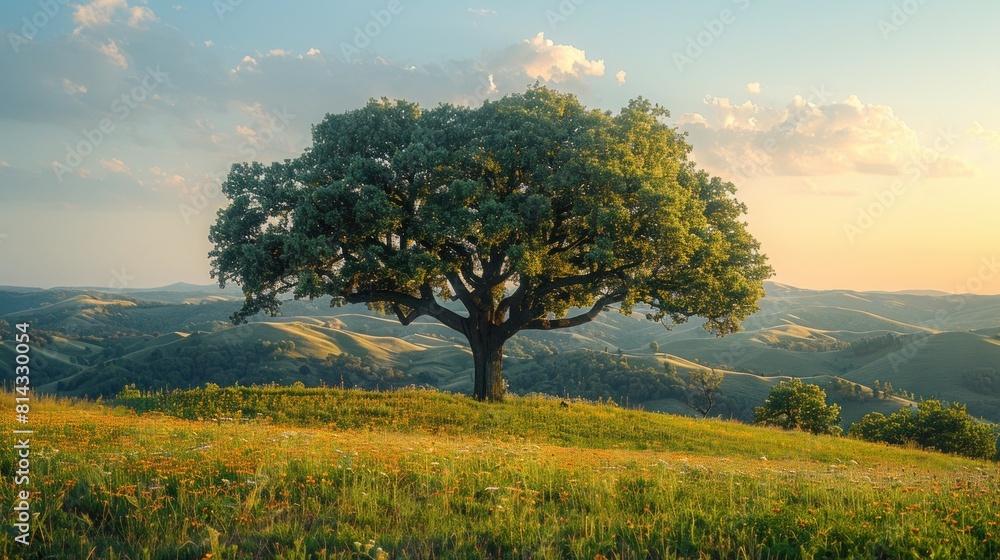 Fototapeta premium Capture the quiet beauty of a lone tree standing tall against a backdrop of rolling hills, a testament to resilience and strength.