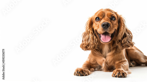 "A cheerful brown cocker spaniel dog seated, with white background, perfect for design projects" "Happy seated brown cocker spaniel dog against a white backdrop, with empty white background"