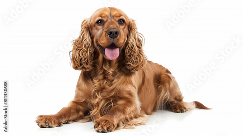 "A cheerful brown cocker spaniel dog seated, with white background, perfect for design projects" "Happy seated brown cocker spaniel dog against a white backdrop, with empty white background"