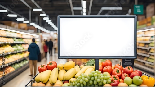 Blank advertising mockup for advertisement at the supermarket. Created using generative AI.	 photo