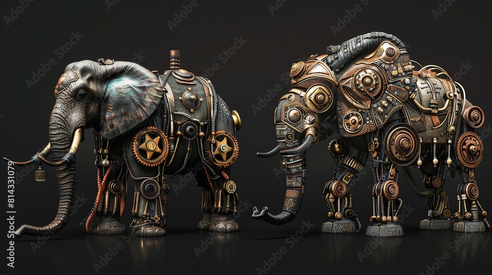 Excellent elephant figure set of attractive steampunk style. Animals that are mechanical cyber creatures, AI technology is born. Excellent elephant figure set of attractive steampunk style. Animals that are mechanical cyber creatures, AI technology is born.