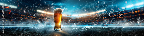 Glass with lager foamy beer on grass at soccer stadium. Game and drink, sports fan. Watch football or rugby match with friends. World championship cup. Super Bowl. Banner with copy space