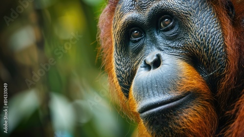Sumatran orangutan, Pongo abelii, Critically endangered ape monkey, and found only in north Indonesian island, Sumatra in Indonesia. Orangutan close-up forest portrait .Wild animal, wildlife nature. photo