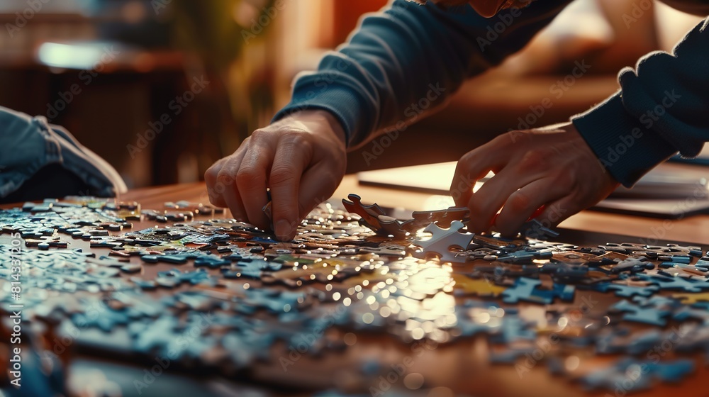 People place puzzle pieces into a puzzle on a table. People place puzzle pieces into a puzzle on a table.
