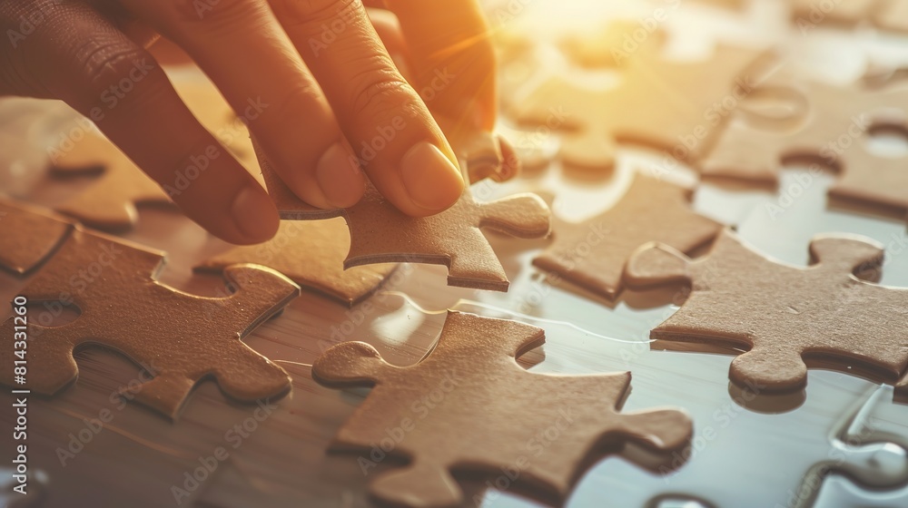 The person places the final puzzle piece into the puzzle on the table to complete it The person places the final puzzle piece into the puzzle on the table to complete it