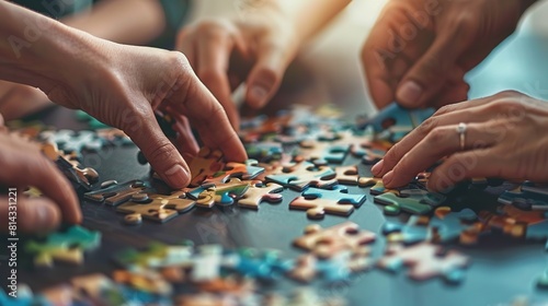 People place puzzle pieces into a puzzle on a table. photo