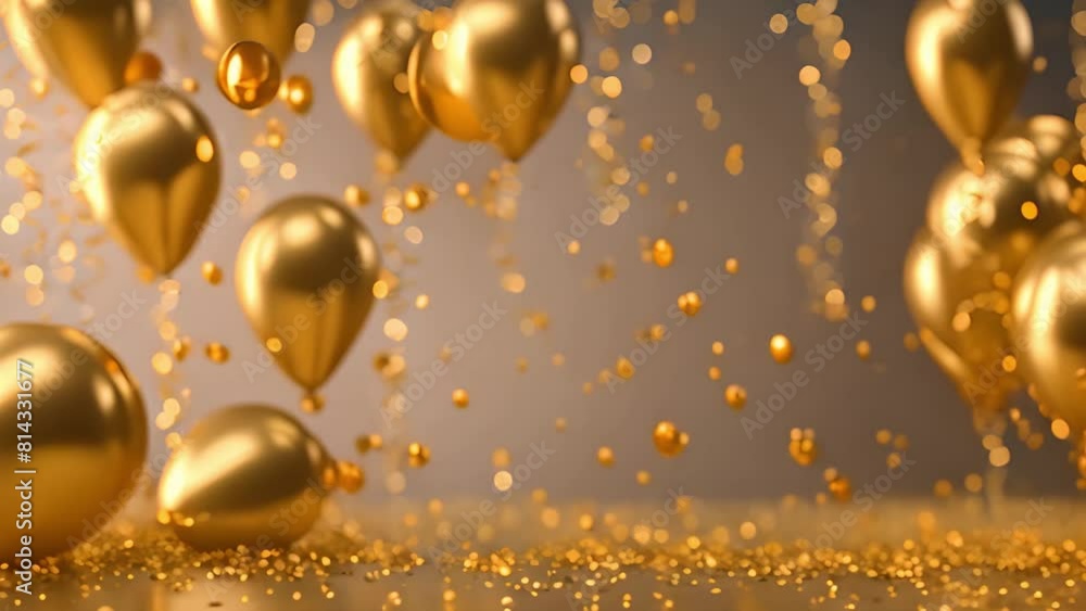 A luxurious 3D rendering of golden balloons tied with silky ribbons, gently floating on a golden bokeh background sprinkled with golden confetti. A luxurious 3D rendering of golden balloons tied with silky ribbons, gently floating on a golden bokeh background sprinkled with golden confetti.