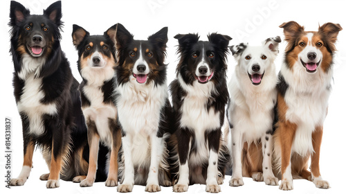  Set of cheerful border collie dogs  close-up  seated  standing  with transparent background  isolated on white  with empty white backdrop 