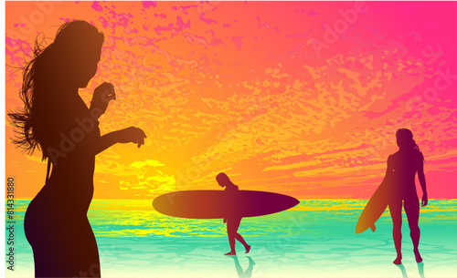 surfistas, contraluz, vector, tabla, surf, mar, atardecer, mujer surfista, silueta, tablista, ilustracion, arte surf, rosa, surfista en la playa, chica surf, mujer