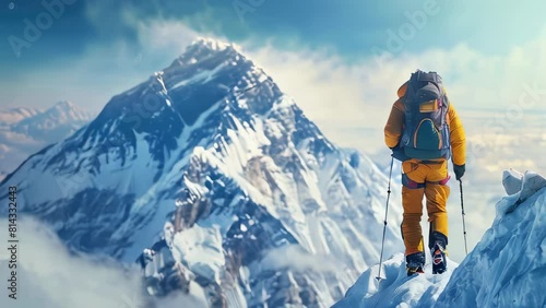 Climber in protective gear ascending snowy mountain peak under clear blue sky photo