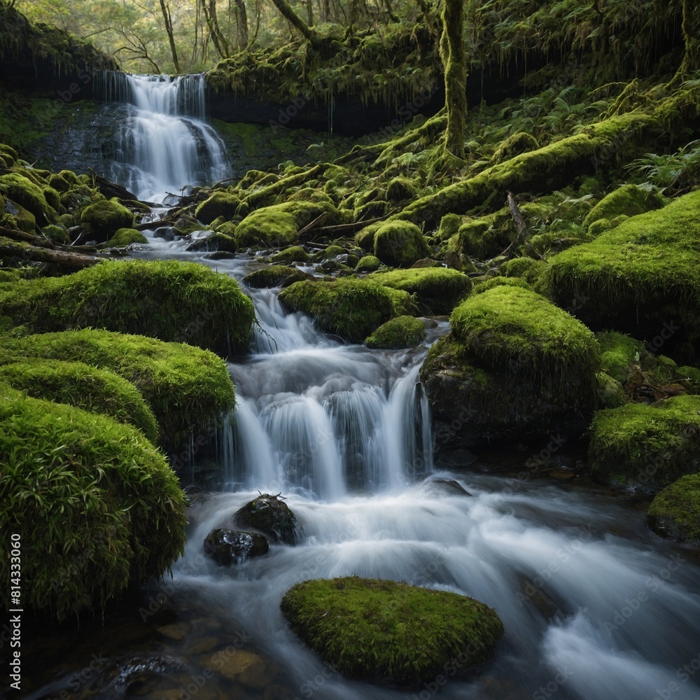 Fototapeta premium Embrace the spirit of National Camera Day with a close-up of a sparkling waterfall cascading over moss-covered rocks.
