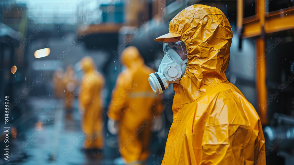 A person in a protective yellow hazmat suit and gas mask stands in the rain, highlighting safety and contamination concerns. A person in a protective yellow hazmat suit and gas mask stands in the rain, highlighting safety and contamination concerns.