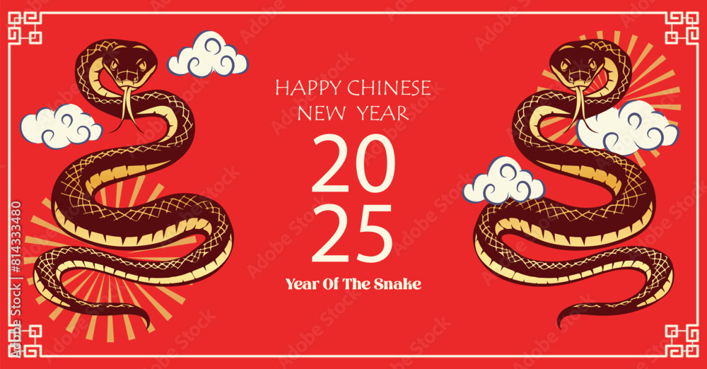Chinese New Year 2025, the year of the snake, red and gold line art characters, simple hand-drawn Asian elements with craft (Chinese translation: Happy Chinese New Year 2025, year of the snake) Chinese New Year 2025, the year of the snake, red and gold line art characters, simple hand-drawn Asian elements with craft (Chinese translation: Happy Chinese New Year 2025, year of the snake)
