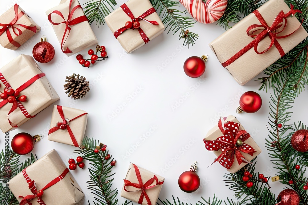 Christmas composition. Gifts fir tree branches red decorations on white background. Christmas winter new year concept. Flat lay top view copy space Christmas composition. Gifts fir tree branches red decorations on white background. Christmas winter new year concept. Flat lay top view copy space